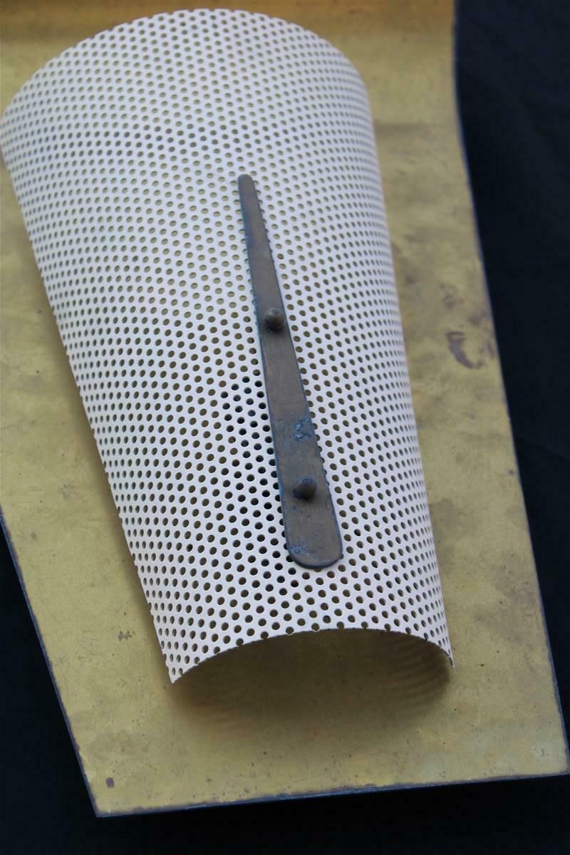 Pair Of French Mid Century Wall Lamps In Brass And Perforated Metal photo vinterior