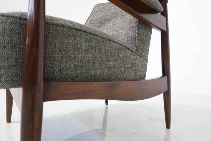 Furniture Mid Century Modern Pair Of Armchairs, Wood And Grey Fabric, Italy, 1960s photo