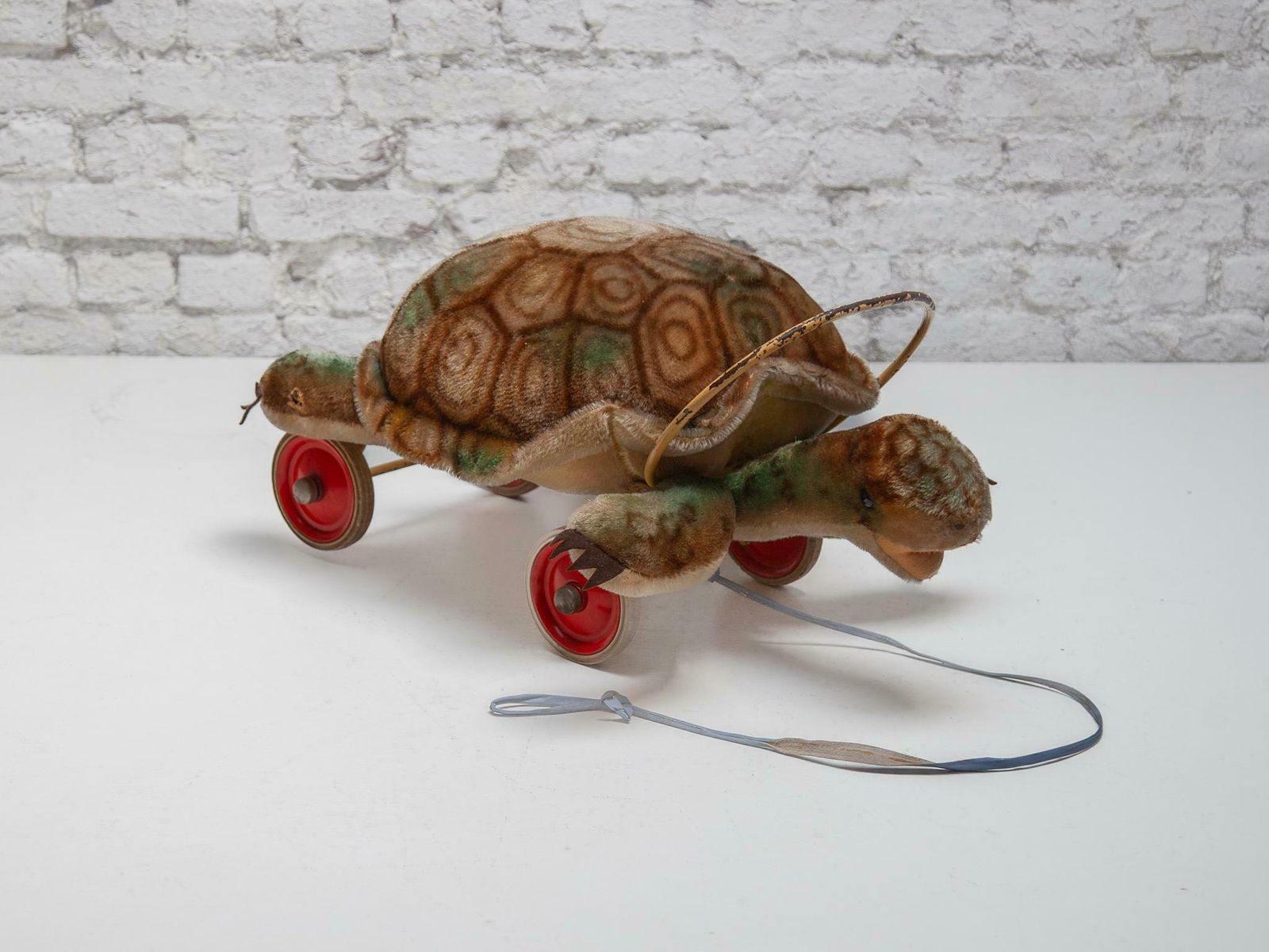 Children Steiff Large Plush Turtle Toy With Glass Button Eyes 1960s And Wheels photo for sale