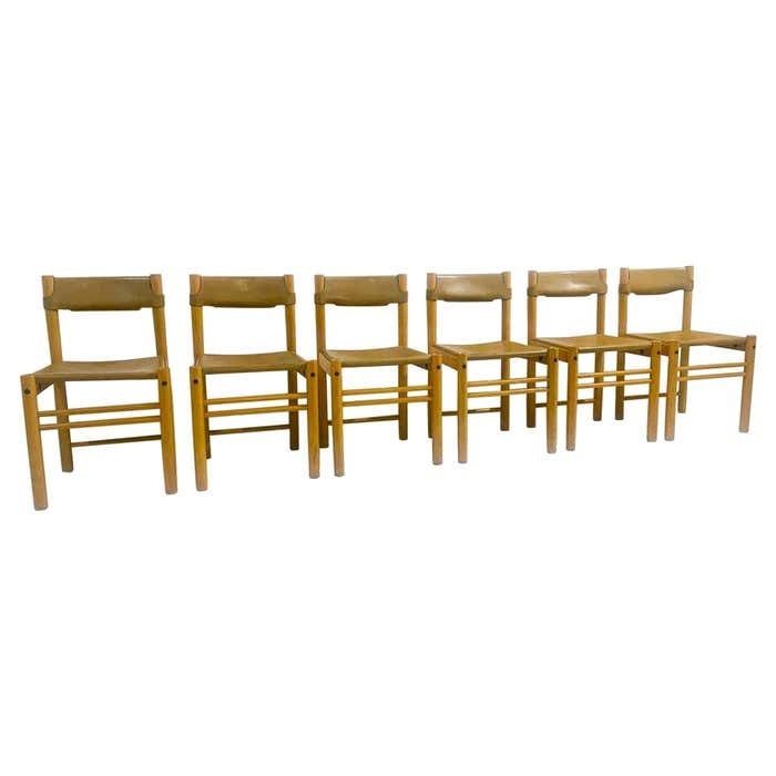 Mid Century Modern Set Of 6 Wood And Leather Chairs, Italy, 1960s