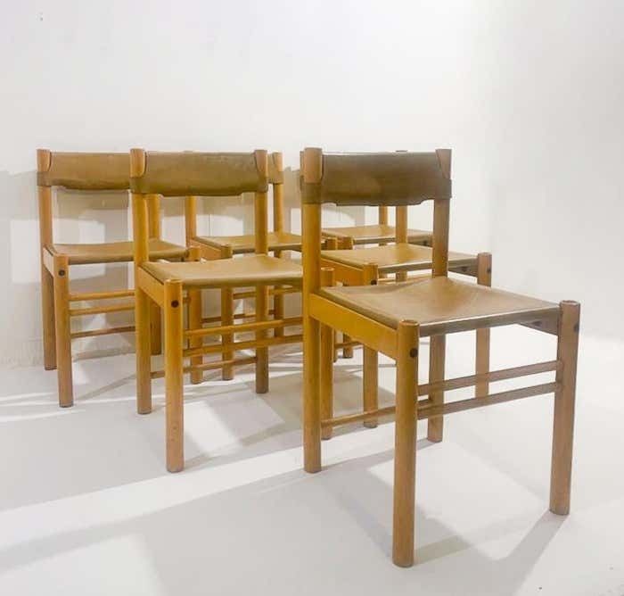 Mid Century Modern Set Of 6 Wood And Leather Chairs, Italy, 1960s photo 2873.0