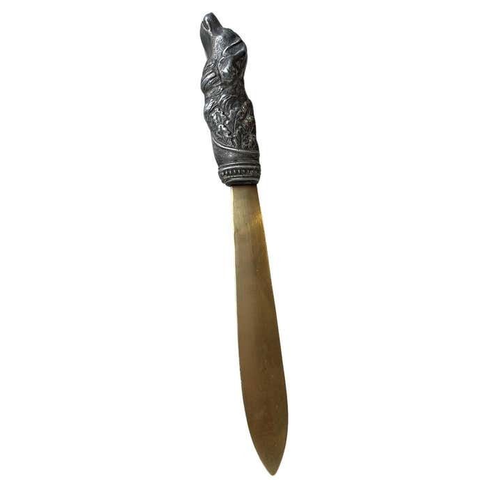 Antique Italian Brass Letter Opener With Pewter Dog Handle