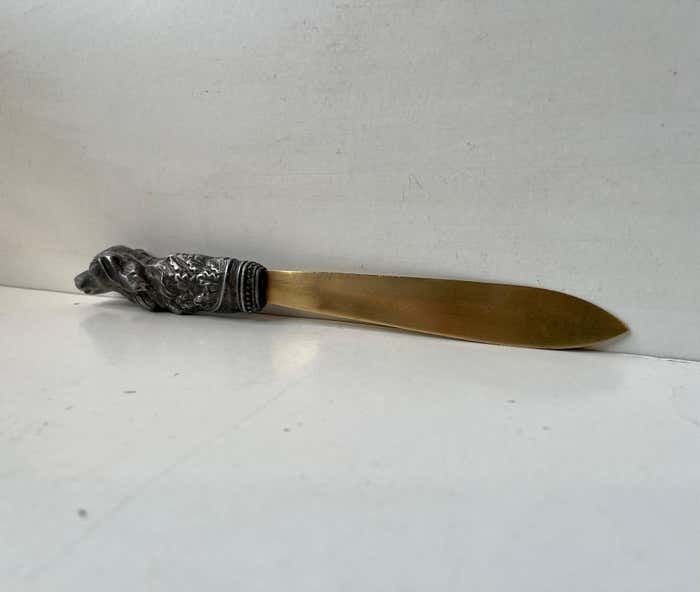 Antique Italian Brass Letter Opener With Pewter Dog Handle photo for sale