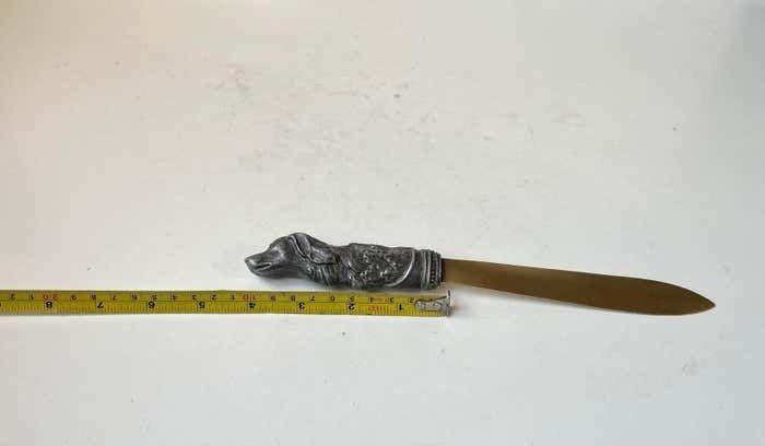 Antique Italian Brass Letter Opener With Pewter Dog Handle photo vintage