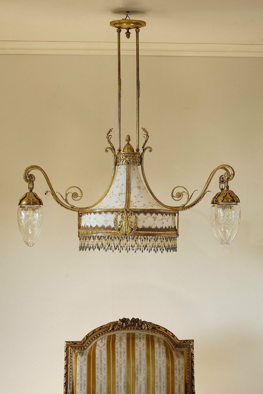 Art Nouveau Brass Chandelier, With A White And Gold Tulle Fabric Lampshade photo for sale