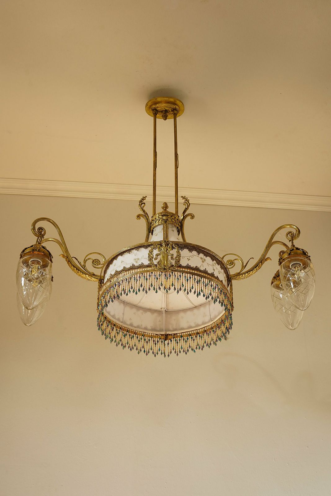 Art Nouveau Brass Chandelier, With A White And Gold Tulle Fabric Lampshade photo vinterior