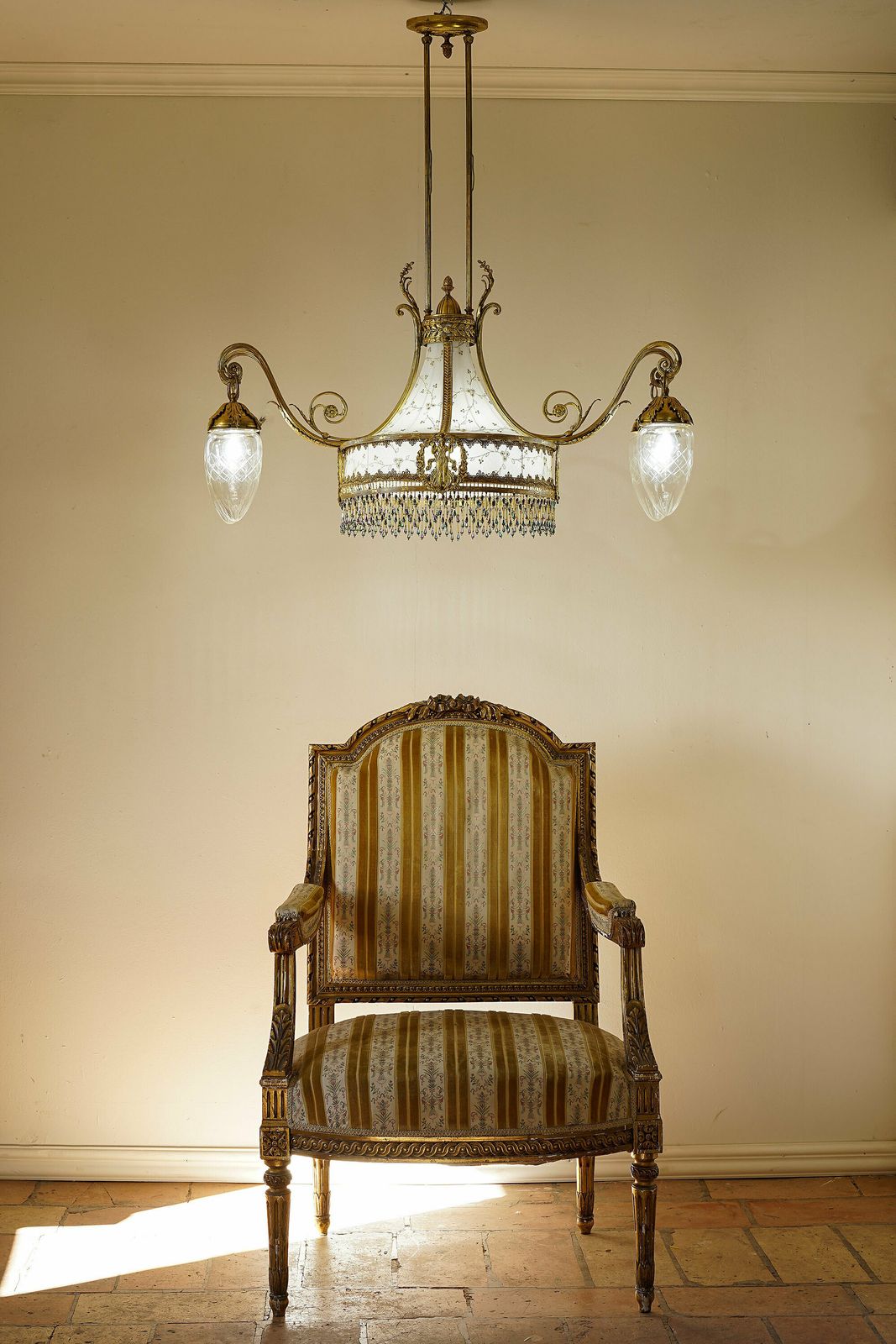 Art Nouveau Brass Chandelier, With A White And Gold Tulle Fabric Lampshade photo buy