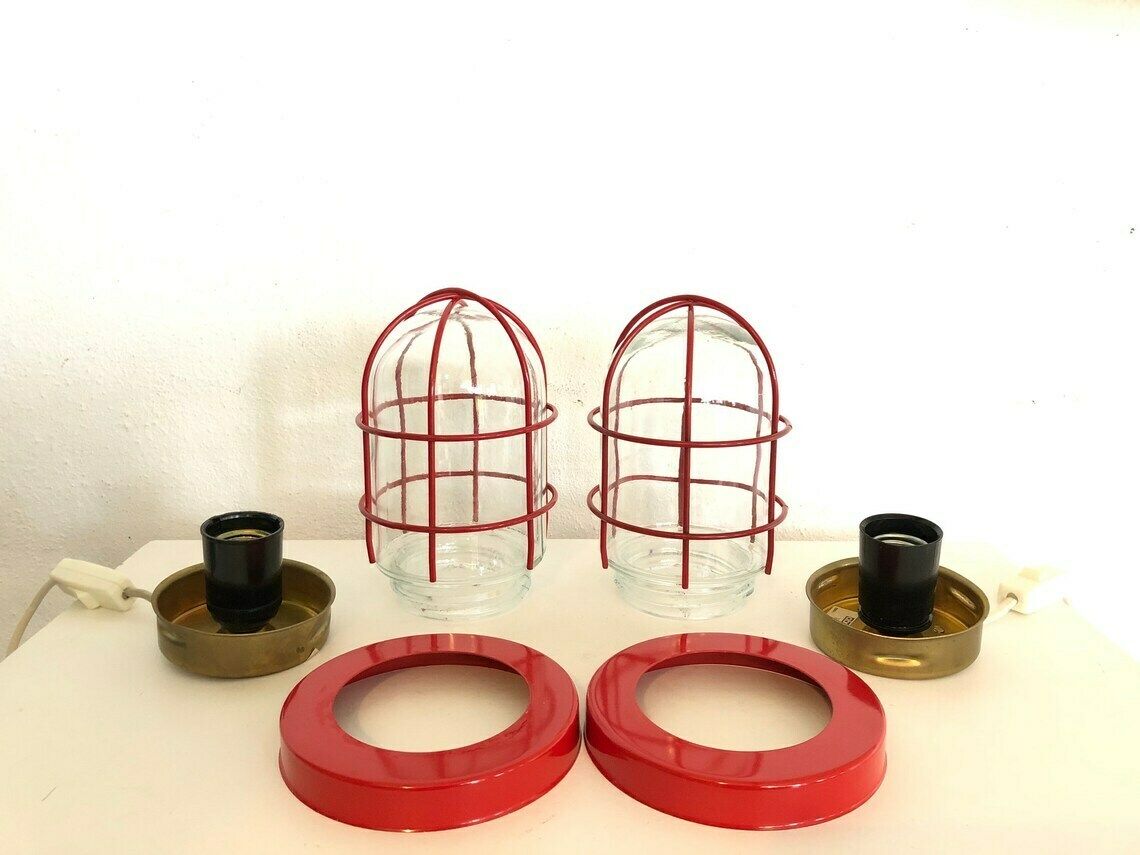 Pair Of Danish Mid Century Modern Table Or Wall Lamps In Red Painted Metal And Glass Shade   Design From Abo Randers photo vinterior