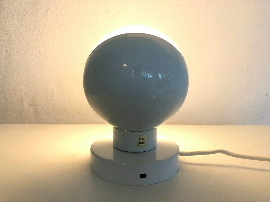 Danish Vintage Minimalist Space Age Ball Table Or Wall Lamp With Eclipse Effect In Opal Glass And White Metal photo vinterior