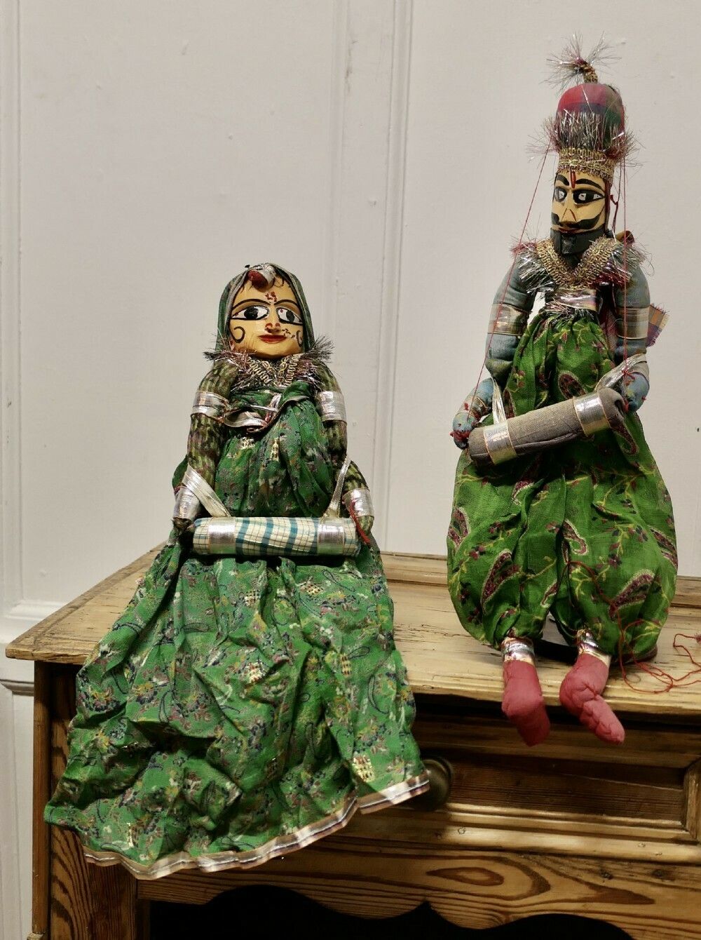 Pair Of Indian Handmade Vintage Rajasthani Kathputli Puppets