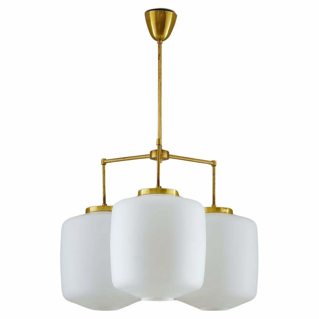 Large Chandelier In Brass And Opaline Glass By Høvik Lys, Norway