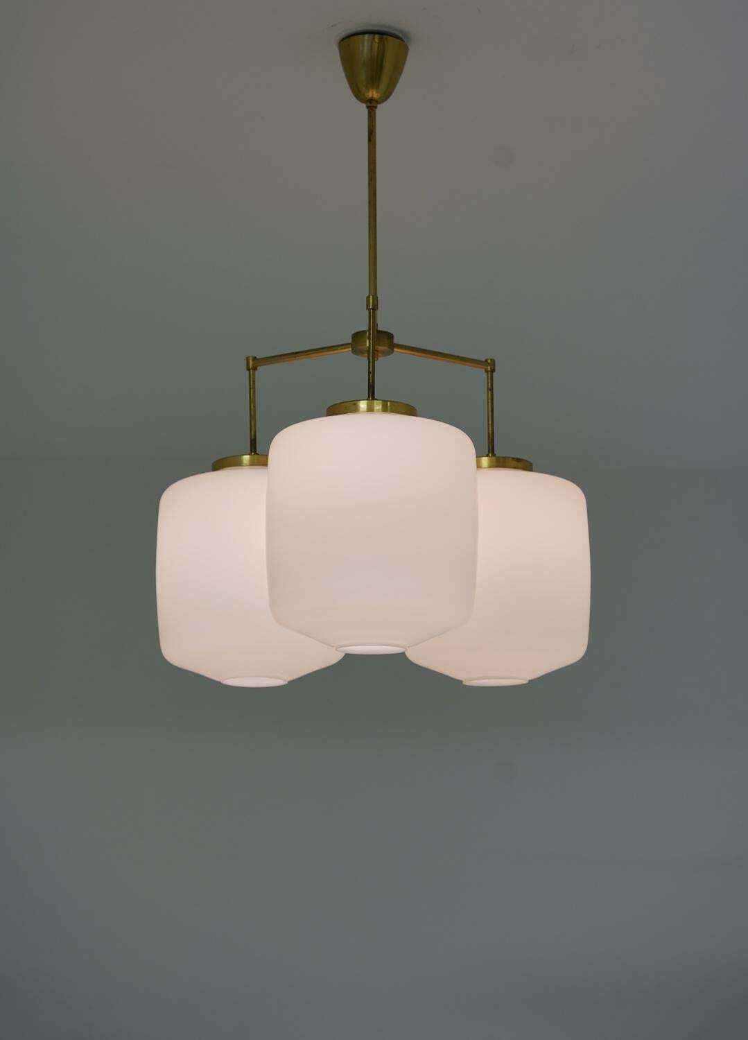 Large Chandelier In Brass And Opaline Glass By Høvik Lys, Norway photo vintage