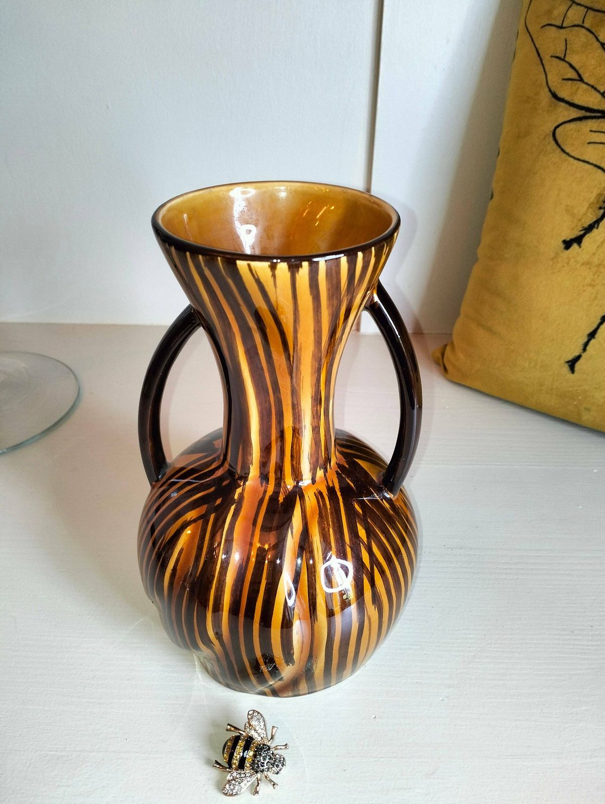 Vintage French Vase, Retro Vase, Brown Vase Domino Pattern By Sarreguemines France, Sarreguemines Domino Asymmetrical Ribbed Vase
