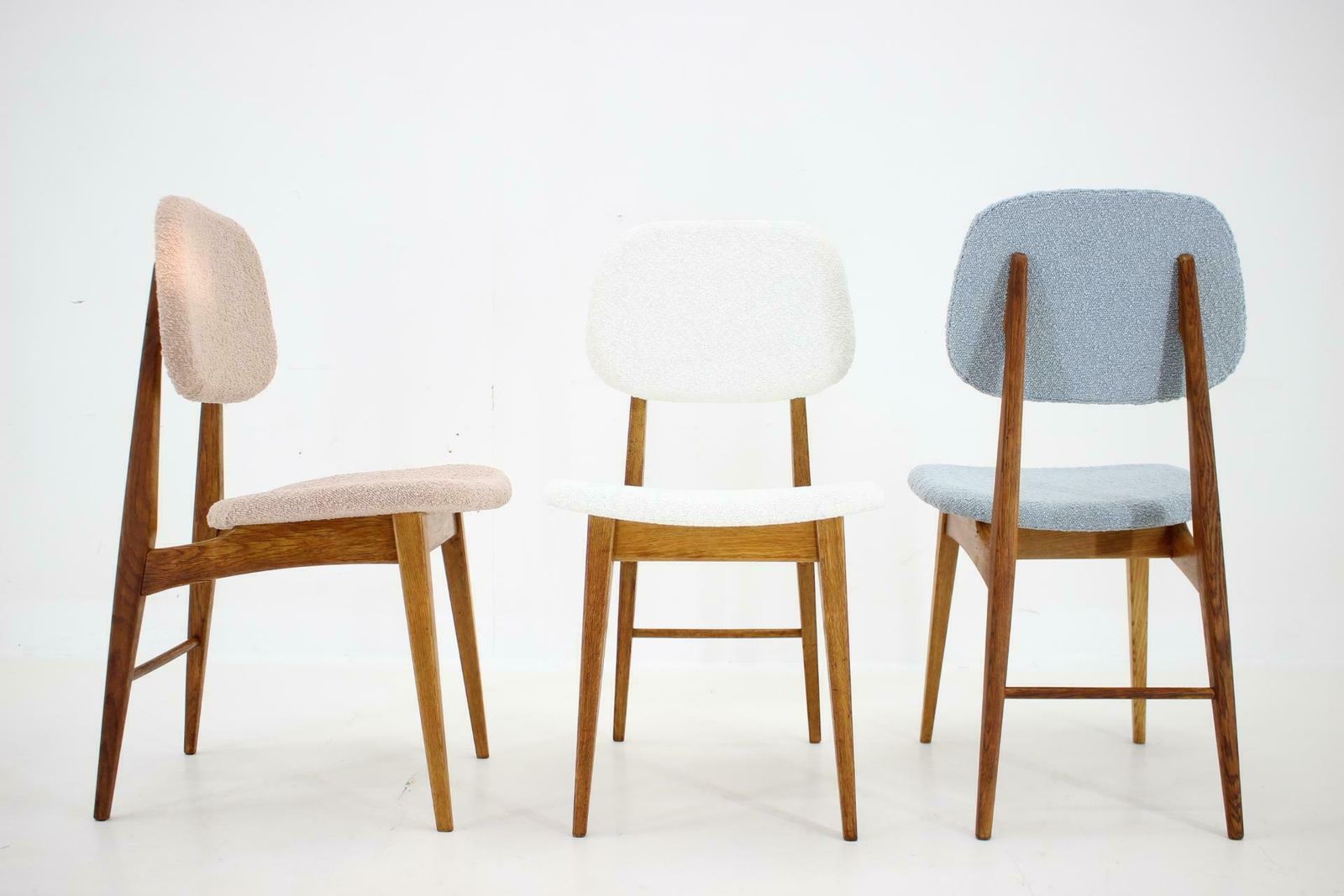 1960s Set Of Three Oak Dining Chairs In Boucle, Czechoslovakia photo for sale