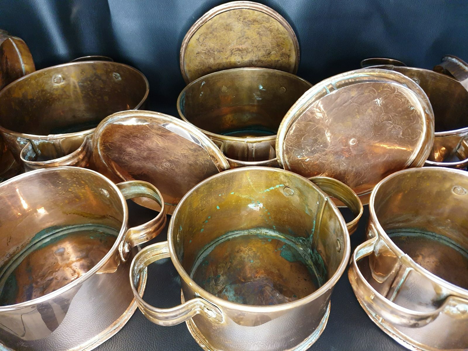 French Copper Pans, Vintage French Copper Pots, Six Solid Copper Pans With Lids, Kitchen Decor And Cookware photo furniture