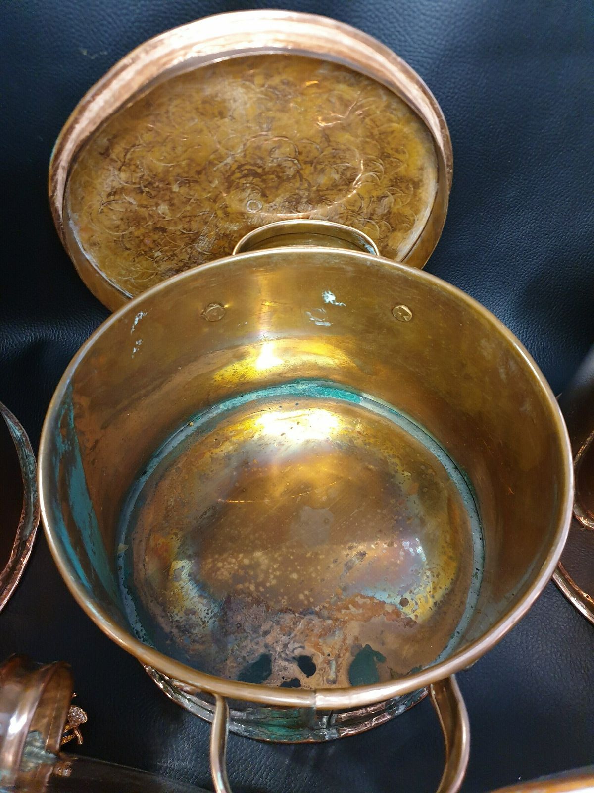 French Copper Pans, Vintage French Copper Pots, Six Solid Copper Pans With Lids, Kitchen Decor And Cookware photo vintage