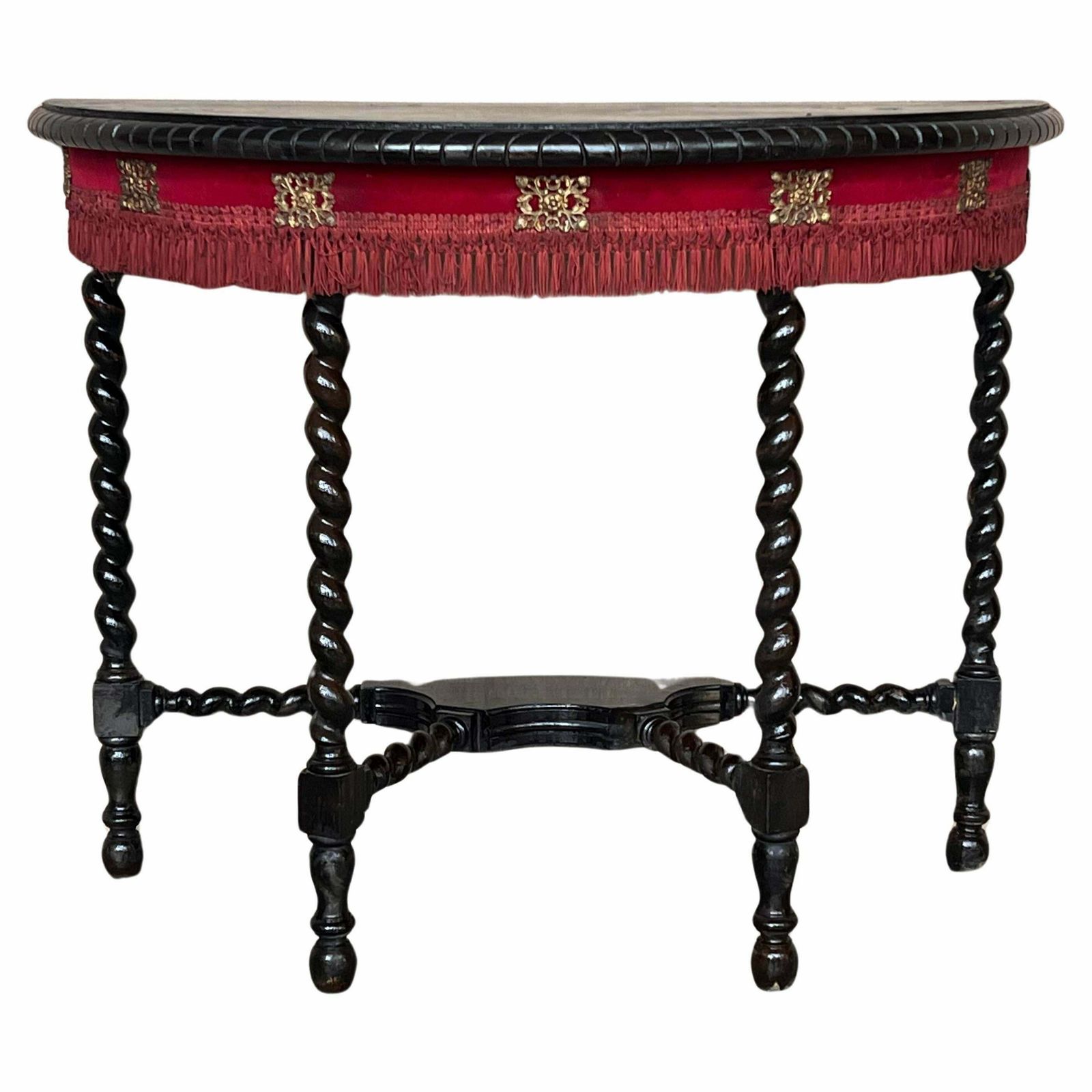 Table demi-lune anglaise à pieds salomoniques et franges, XIXe siècle