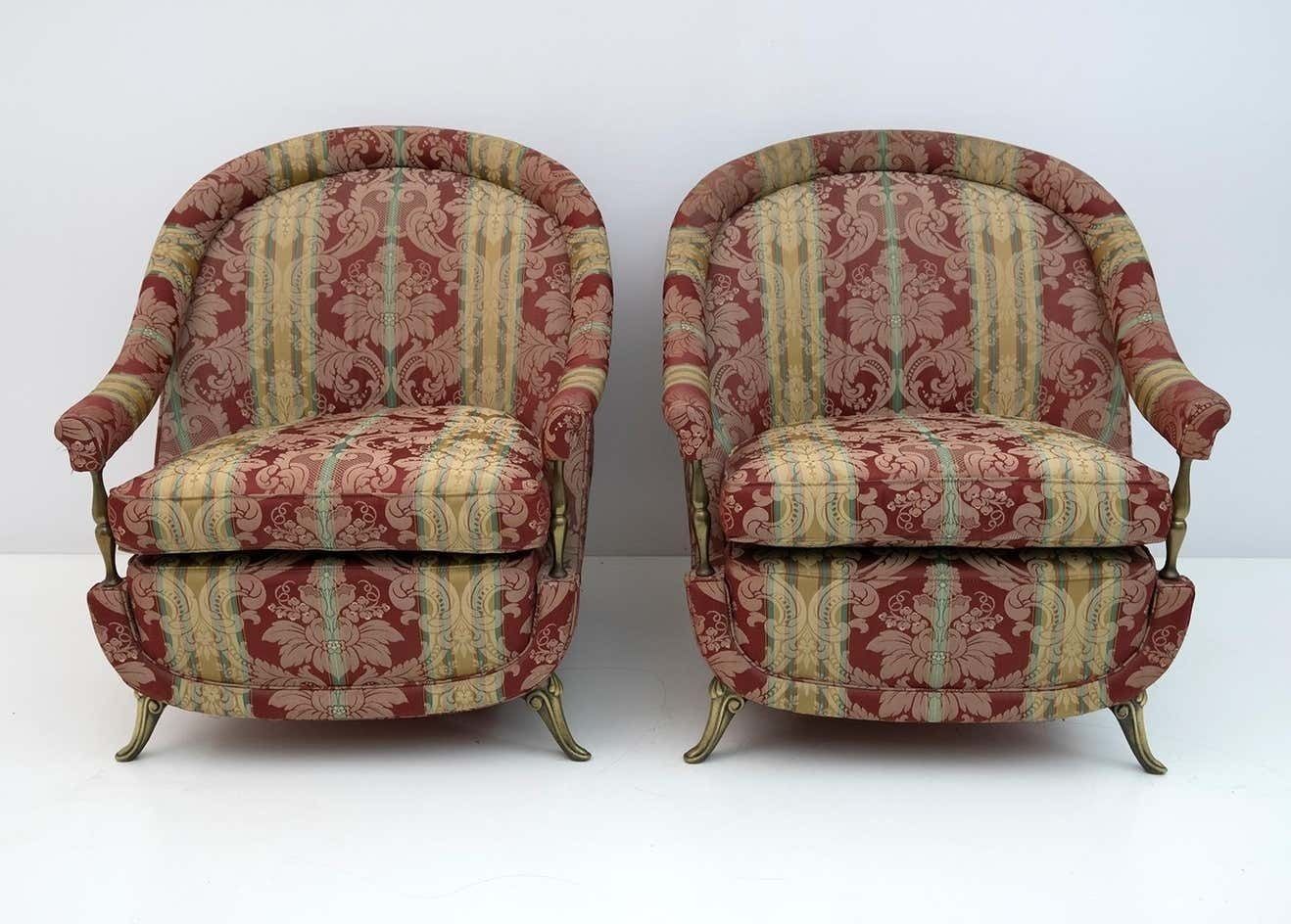Pair Art Dèco Style French Brass And Fabric Armchairs, 1950s photo for sale