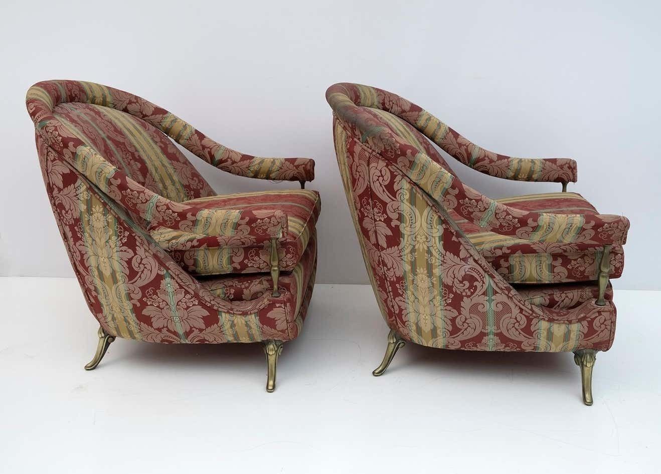 Pair Art Dèco Style French Brass And Fabric Armchairs, 1950s photo 8000.0