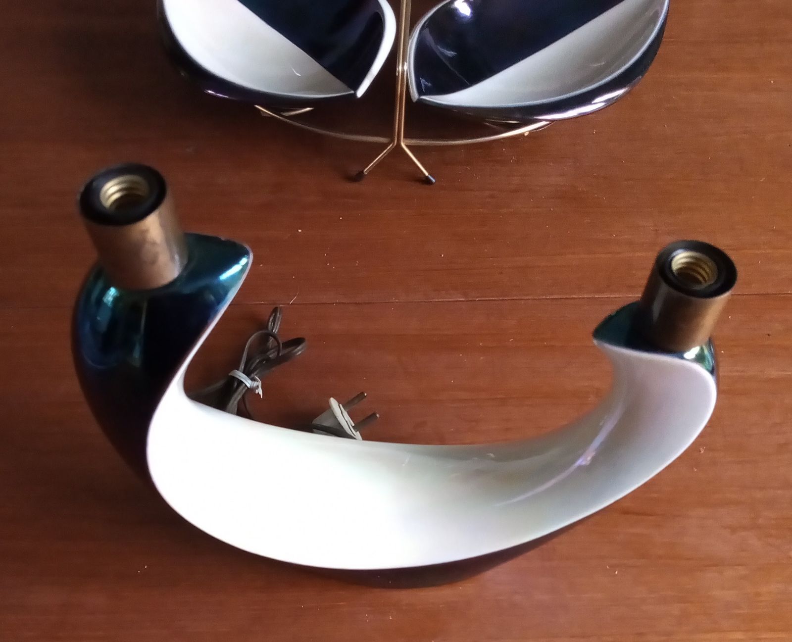 photo furniture 1960s Rare Verceram Ceramique French Iridescent Blue Black And Pearl Glazed Candle Table Lamp