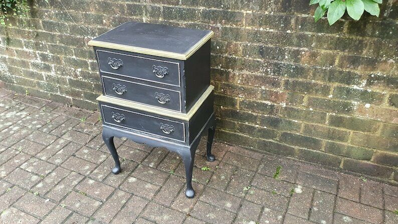 Vintage Occasional Bedside Chest Of Drawers In Farrow And Ball ‘Pitch Black’ Cabriole Legs photo furniture