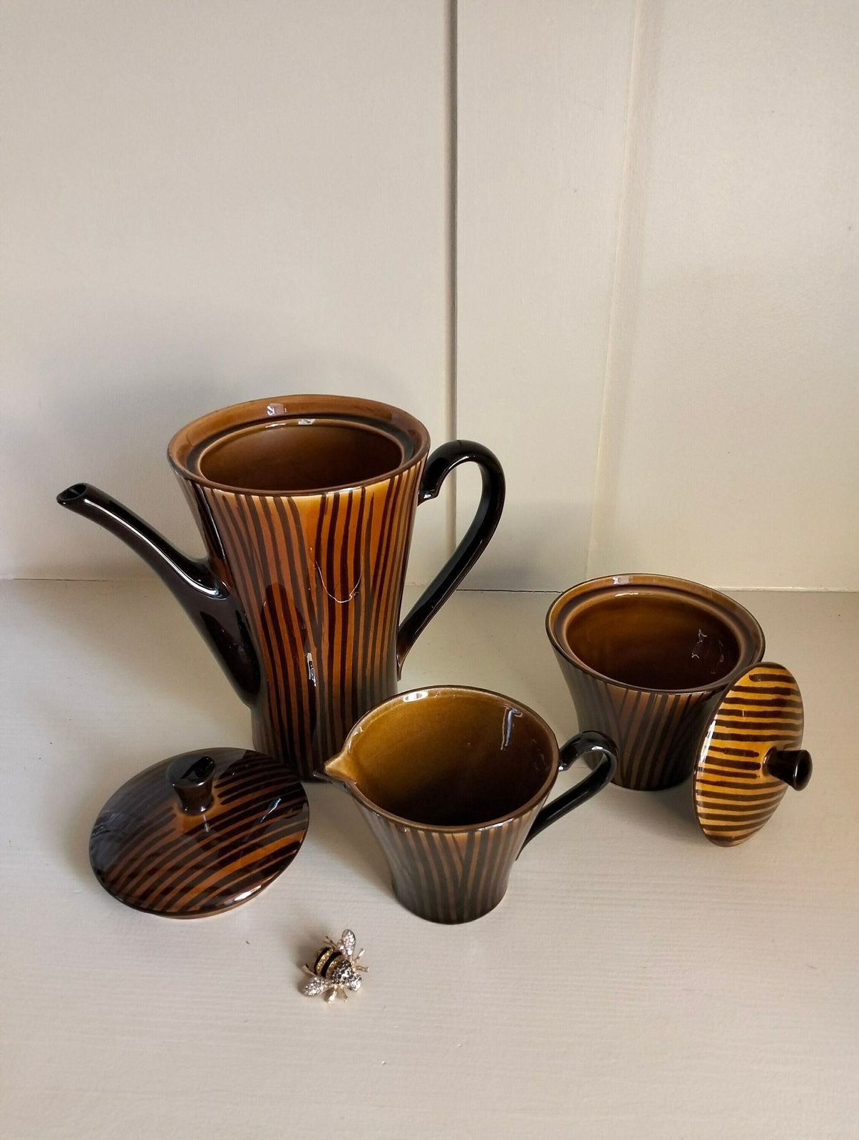 Vintage French Coffee Set, Vintage Sarreguemines Rare Domino Design Coffee Set, Vintage Coffee Pot, Sugar Bowl And Milk Jug photo vinterior