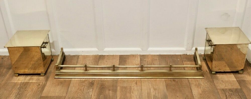 Arts And Crafts Brass Fender With Coal And Log Boxes