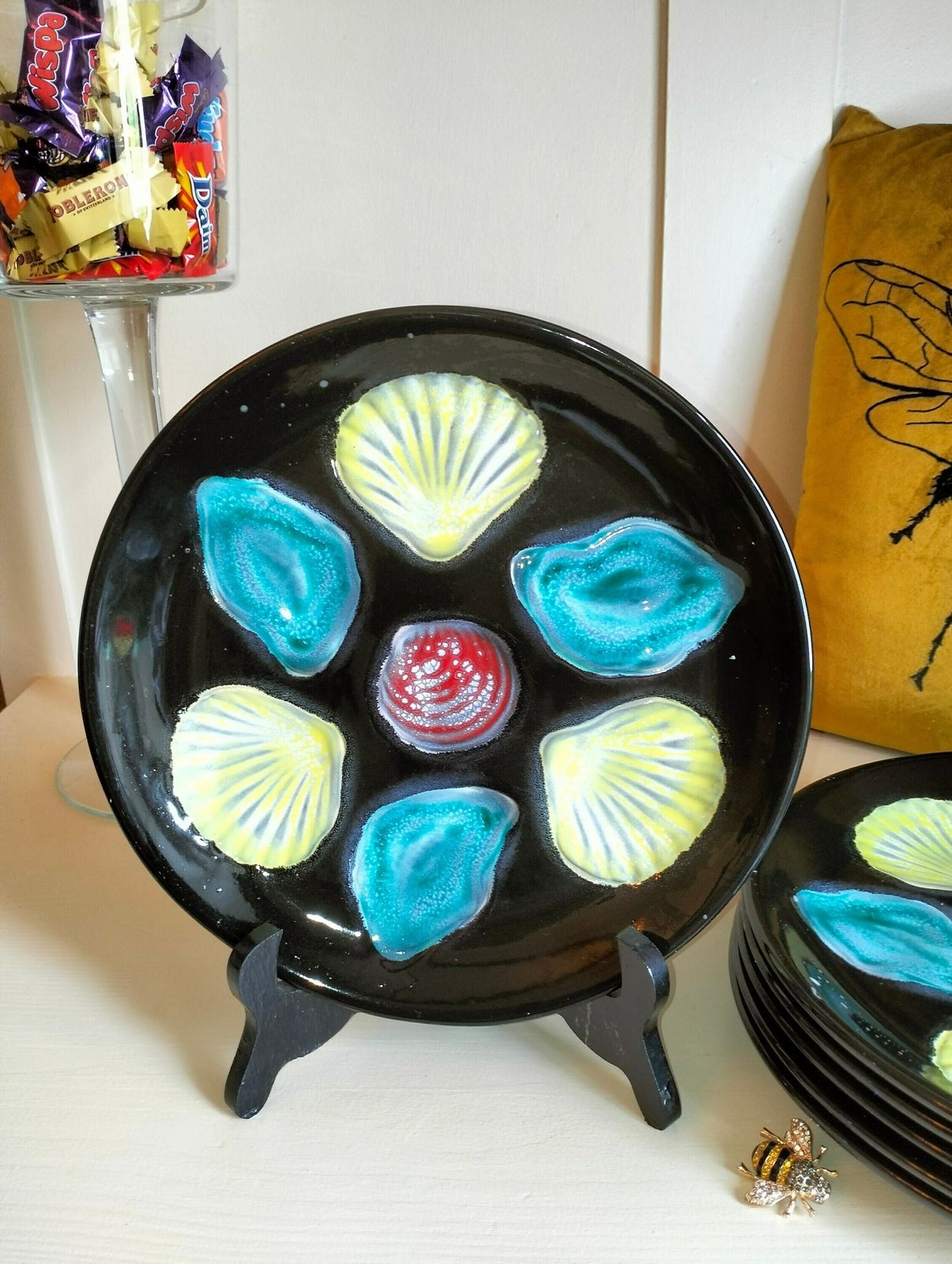 Vintage French Oyster Plates, Vintage French Plates, Vintage Patterned Oyster Plates, Vintage Seafood Plates, French Ceramic Oyster Plates