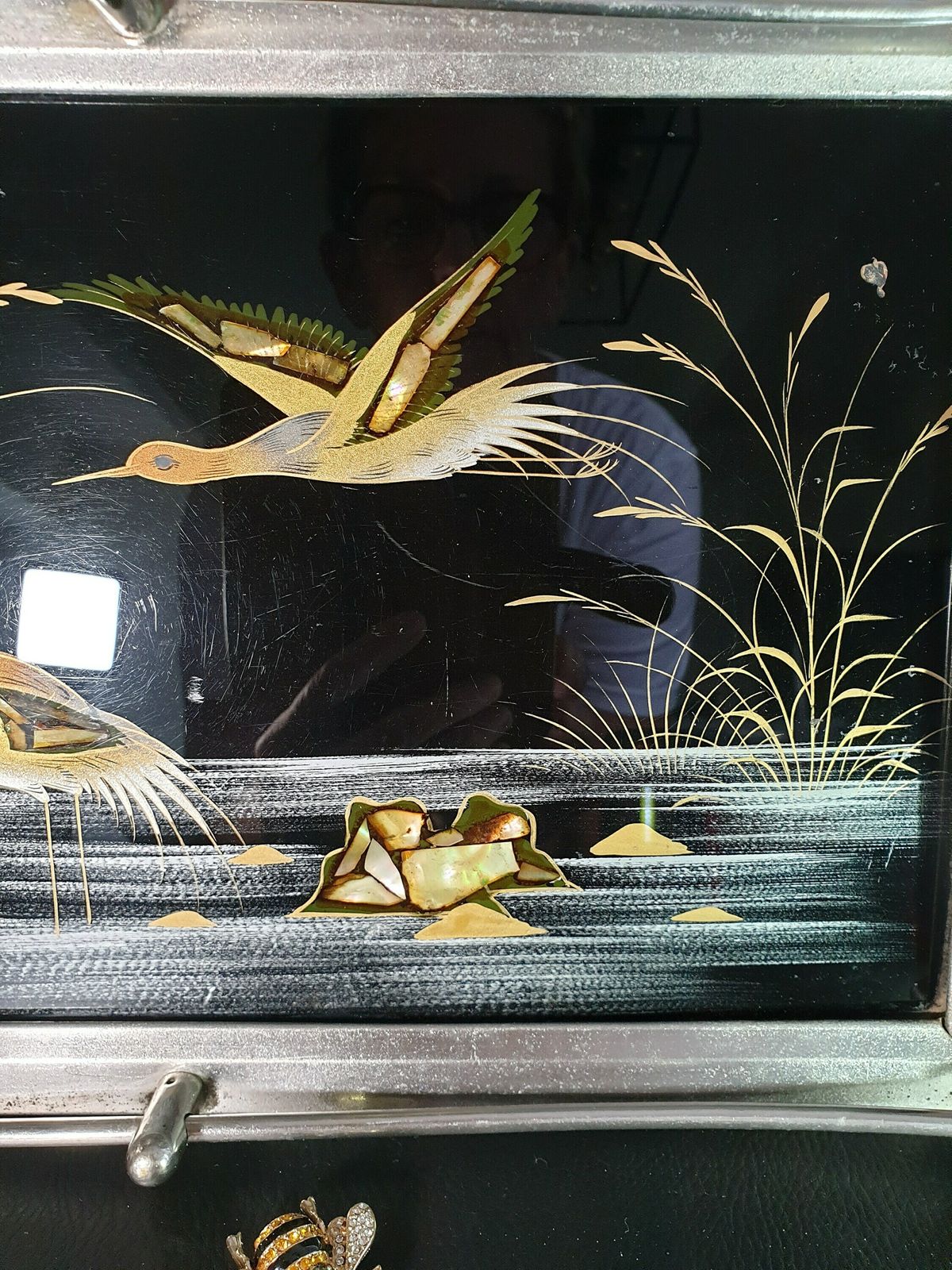 Vintage Serving Tray, Inspired Dressing Table Candle Display, Drinks Tray, Distressed Silver Tray, Japanese Mother Of Pearl Inlay photo for sale