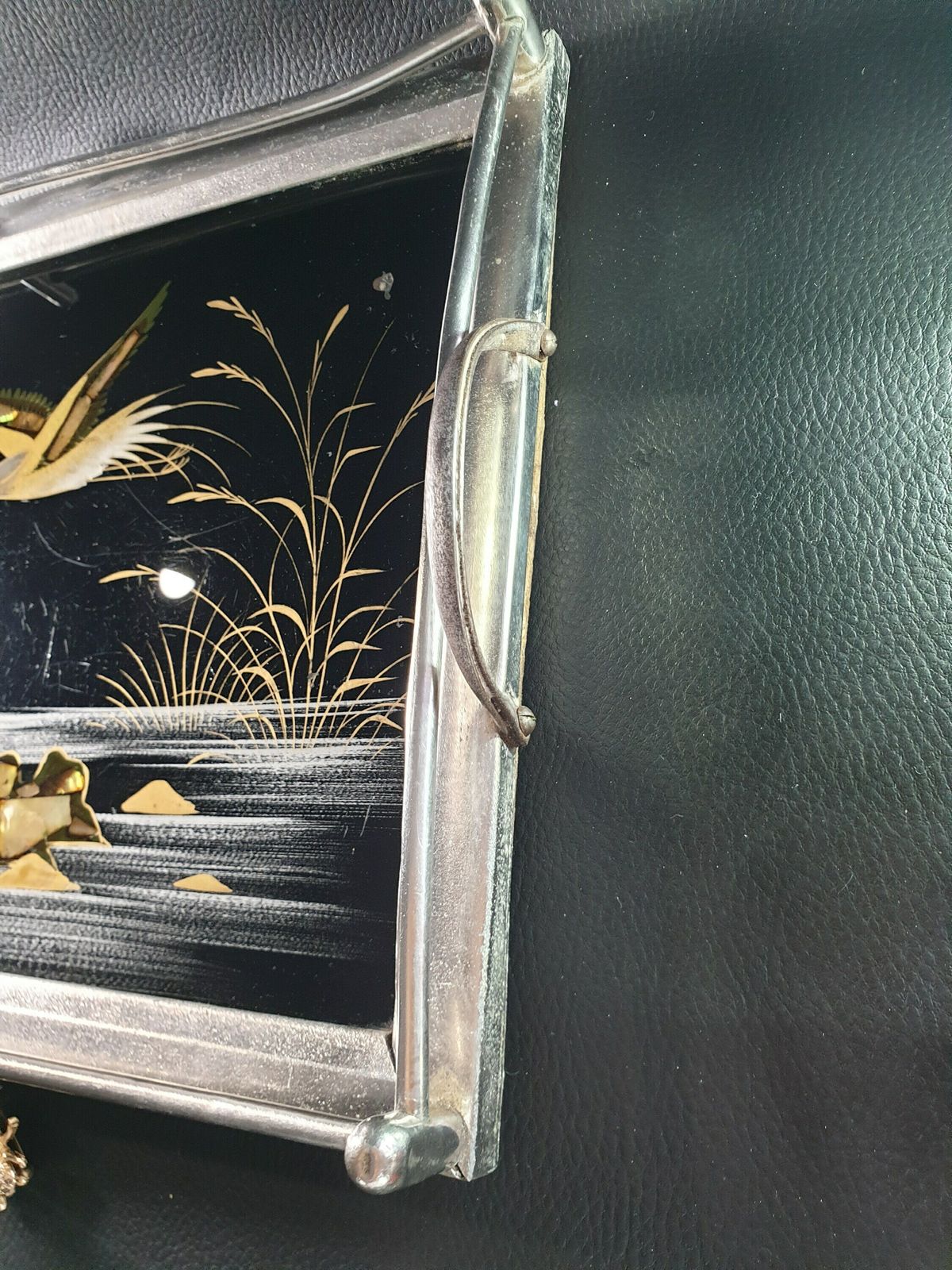 Vintage Serving Tray, Inspired Dressing Table Candle Display, Drinks Tray, Distressed Silver Tray, Japanese Mother Of Pearl Inlay photo vinterior