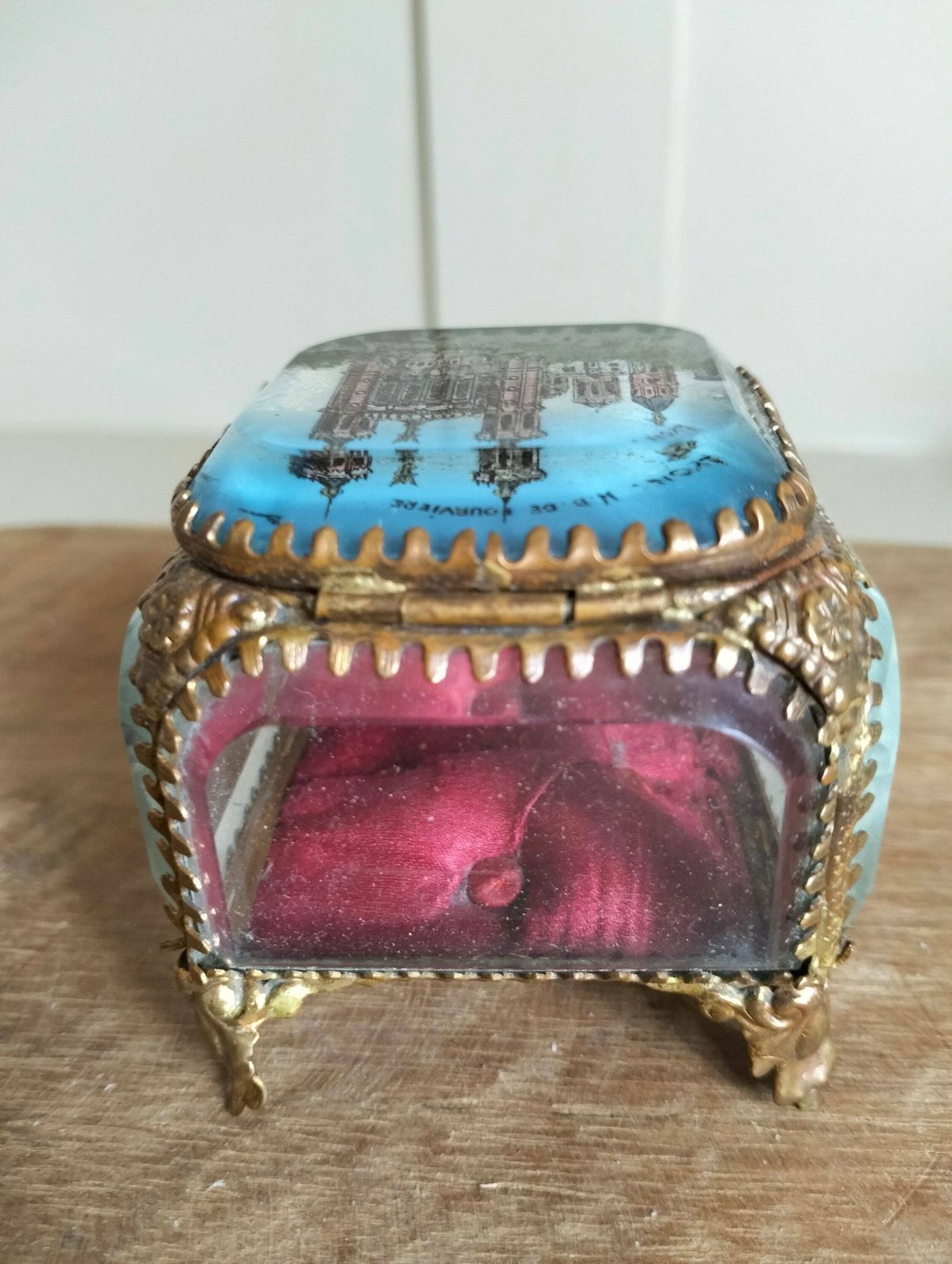 Antique Napoleon III French Jewelry Box, Antique French Ormulu Trinket Box, Beveled Glass Jewelry Box