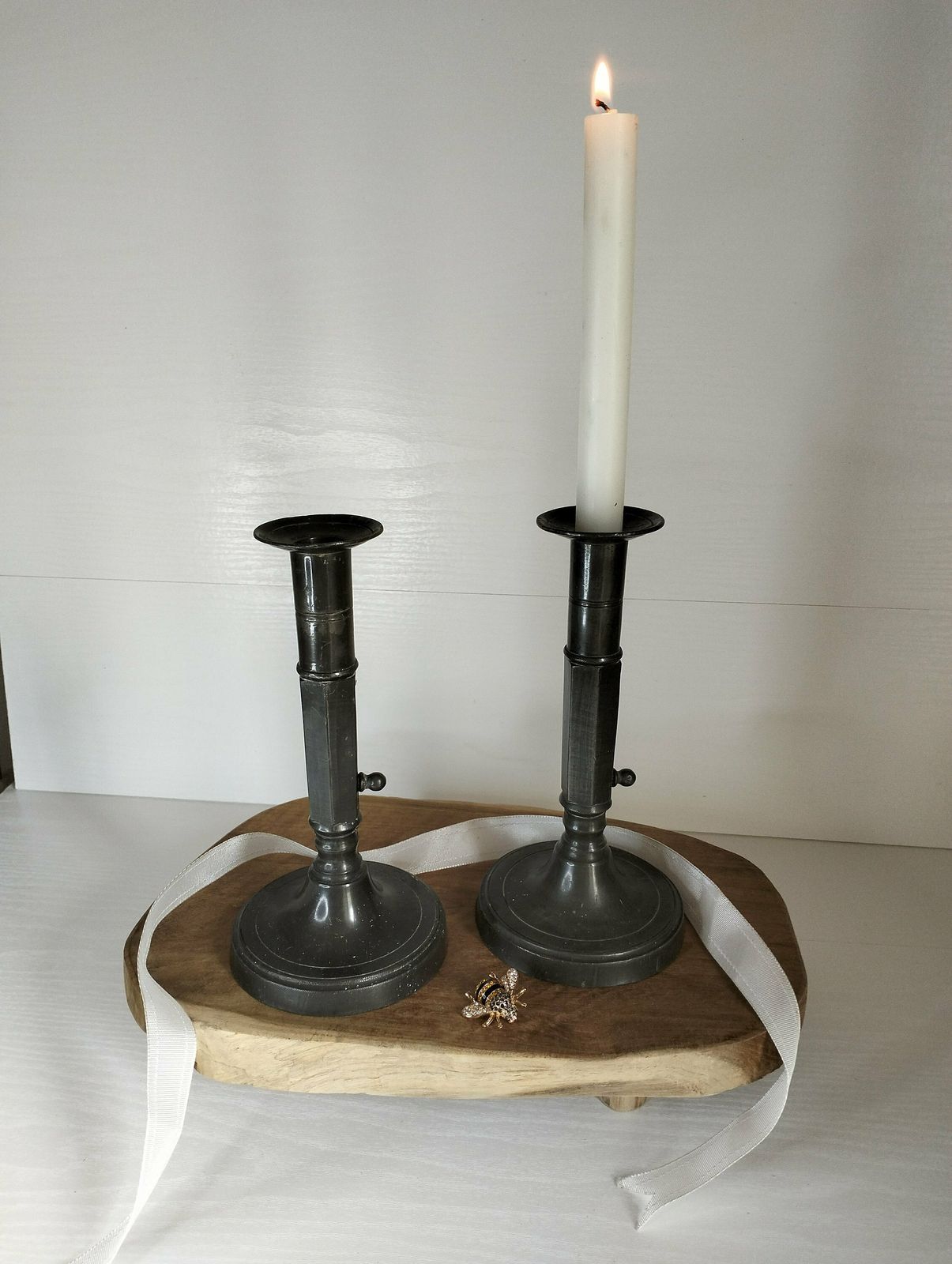 Vintage French Pewter Candlesticks, Candlestick Holders, Pair Of Heavy Solid Pewter Vintage French Candlesticks photo for sale
