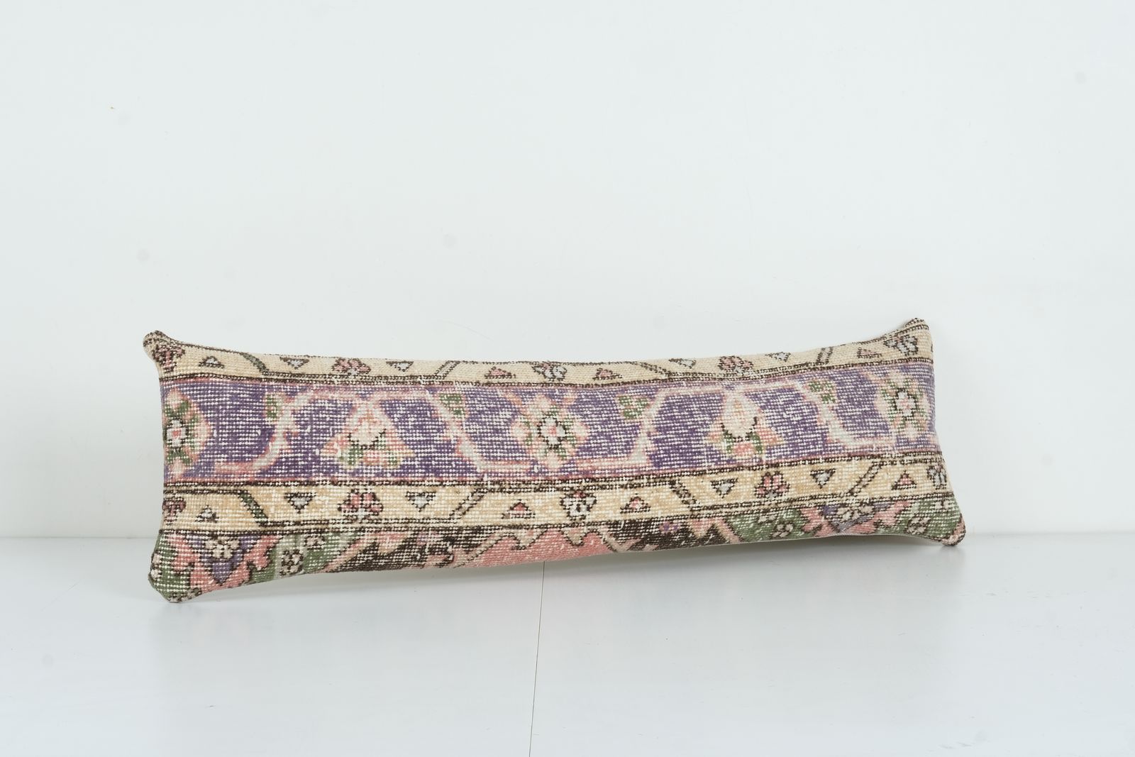Muted Color Turkish Carpet Pillow, Faded Unique Long Soft Color Lumbar Cover, Anatolian Bedding  10'' X 33 photo furniture