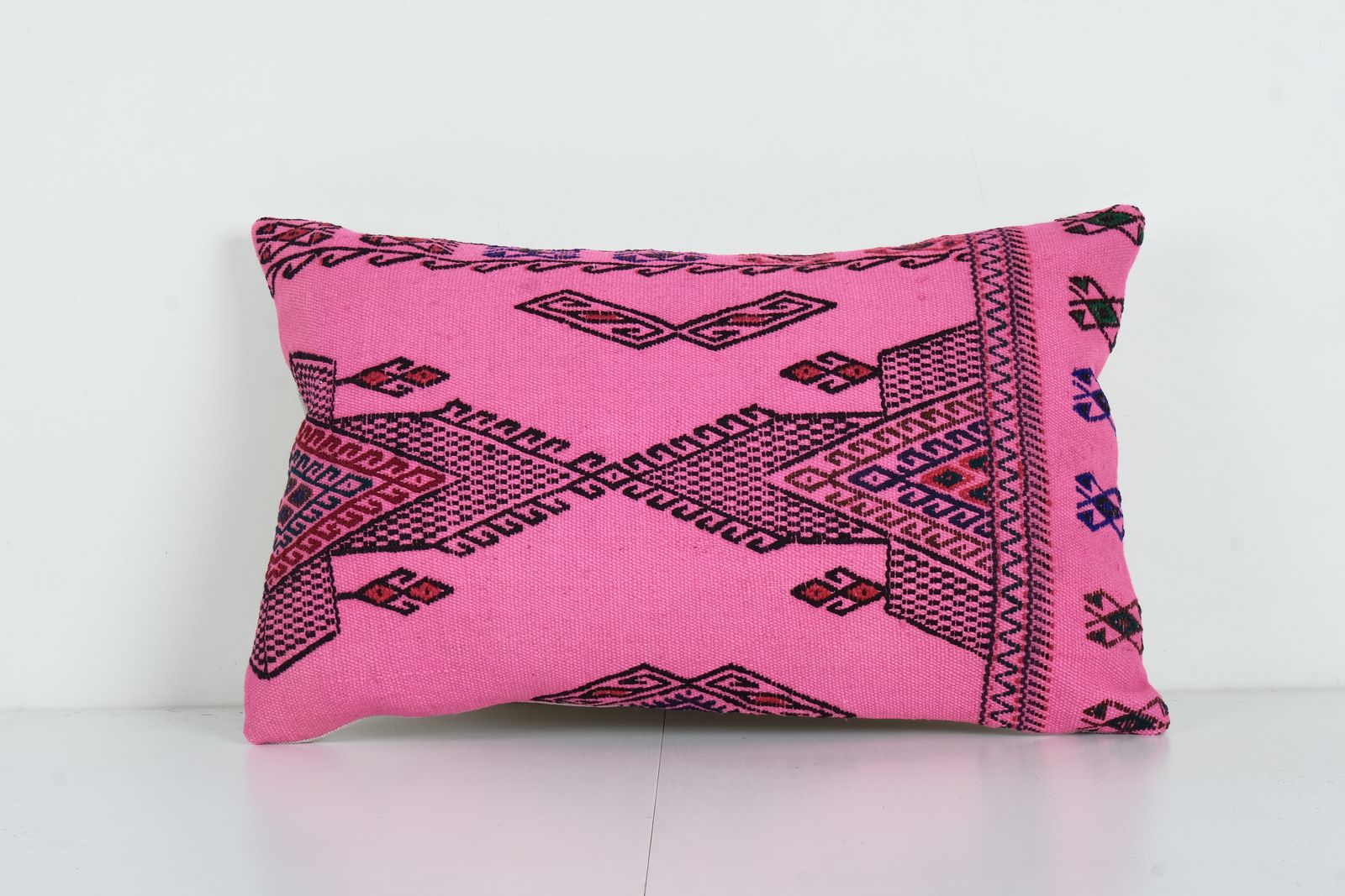 Tribal Farmhouse Pink Kilim  Lumbar Pillow Cover   Unique Handwoven  Cover For Rustic Home 16'' X 24''