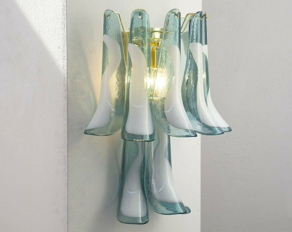 Petal Wall Lamp In Blue Murano Glass With White Decoration, Italy, 1990s photo vintage