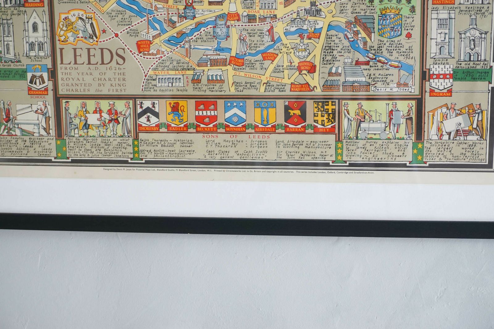 1949 Denis Mason Jones Pictorial Map Of Leeds, England photo furniture