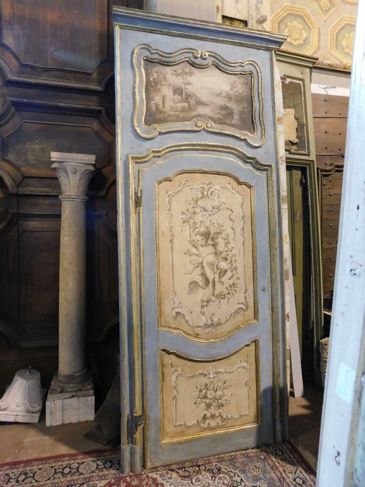 Richly Painted And Gilded Interior Door With Cherubs And Overdoor, Italy photo for sale