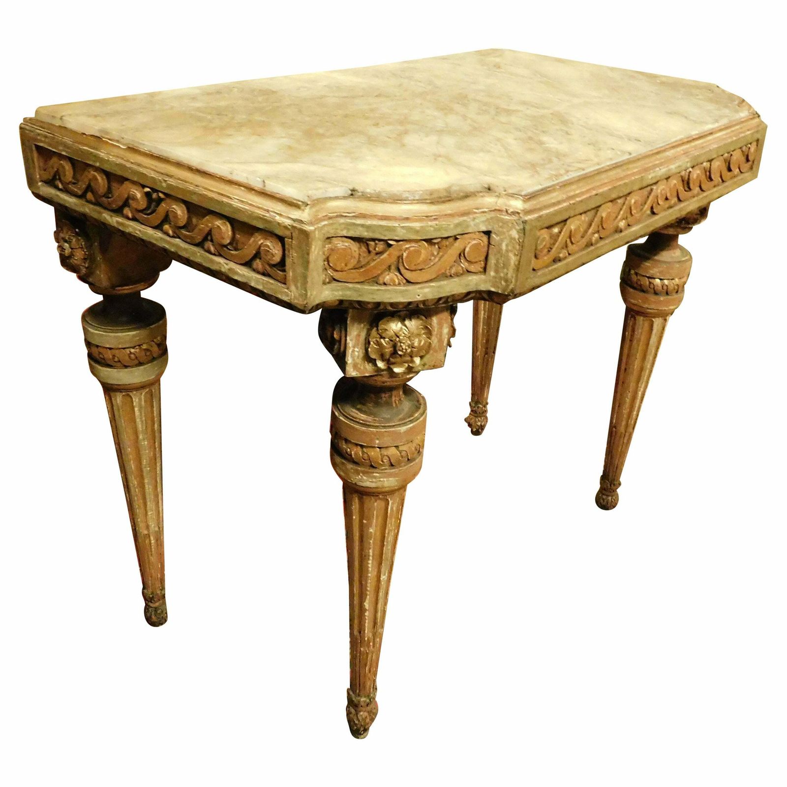 Console Table In Lacquered And Gilded Wood With Floral Motifs, Alabaster Top