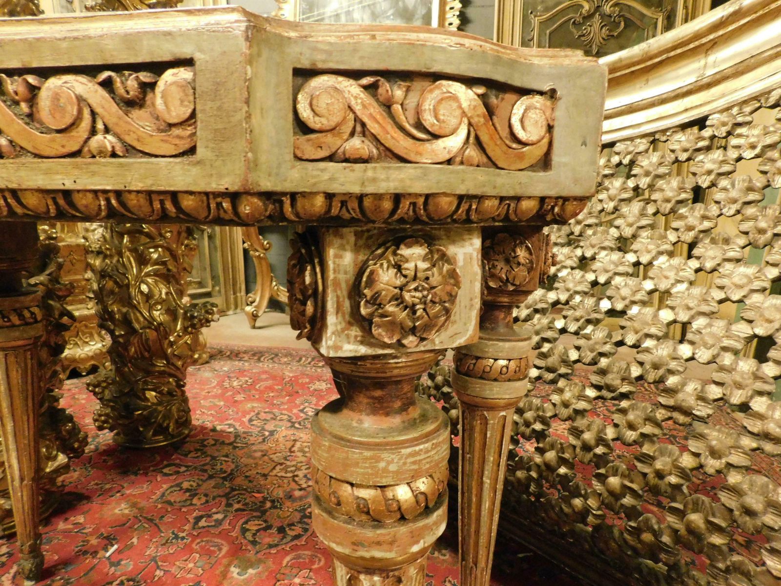 Console Table In Lacquered And Gilded Wood With Floral Motifs, Alabaster Top photo buy