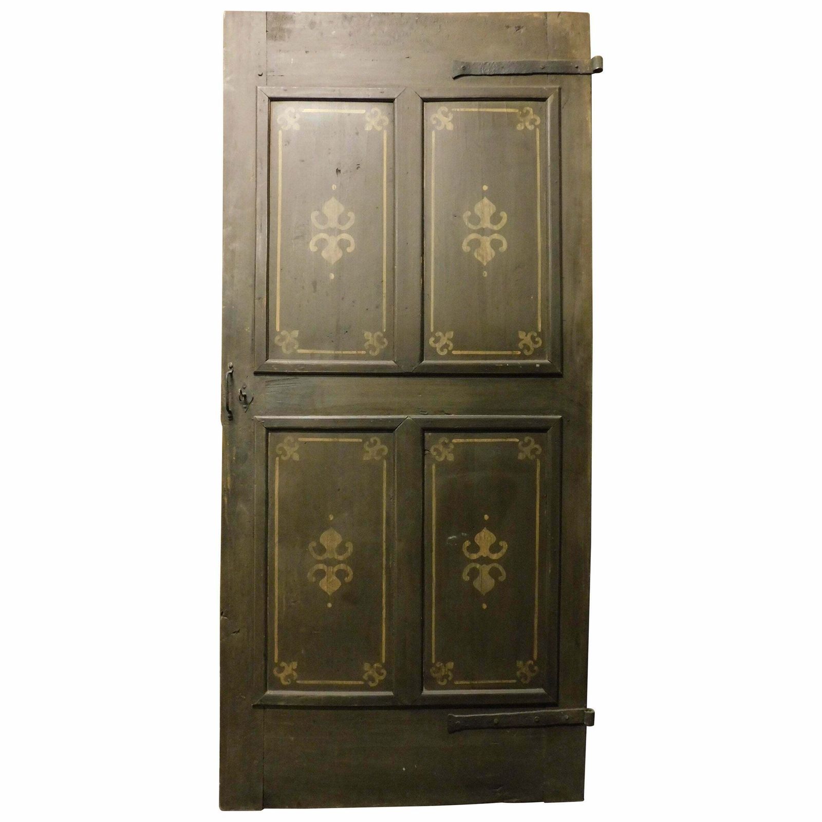 Old Door With 4 Painted Panels, Yellow Decorations On Green Background, Italy
