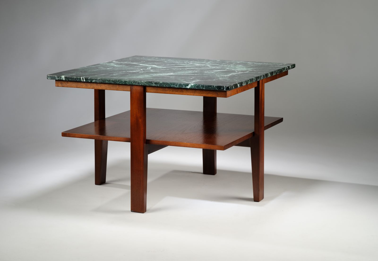 photo vinterior Stunning Mid Century Modern Verde Alpi Marble & Mahogany Side Table In The Manner Of Florence Knoll, Circa 1990’s, 2 Matching Tables Available.