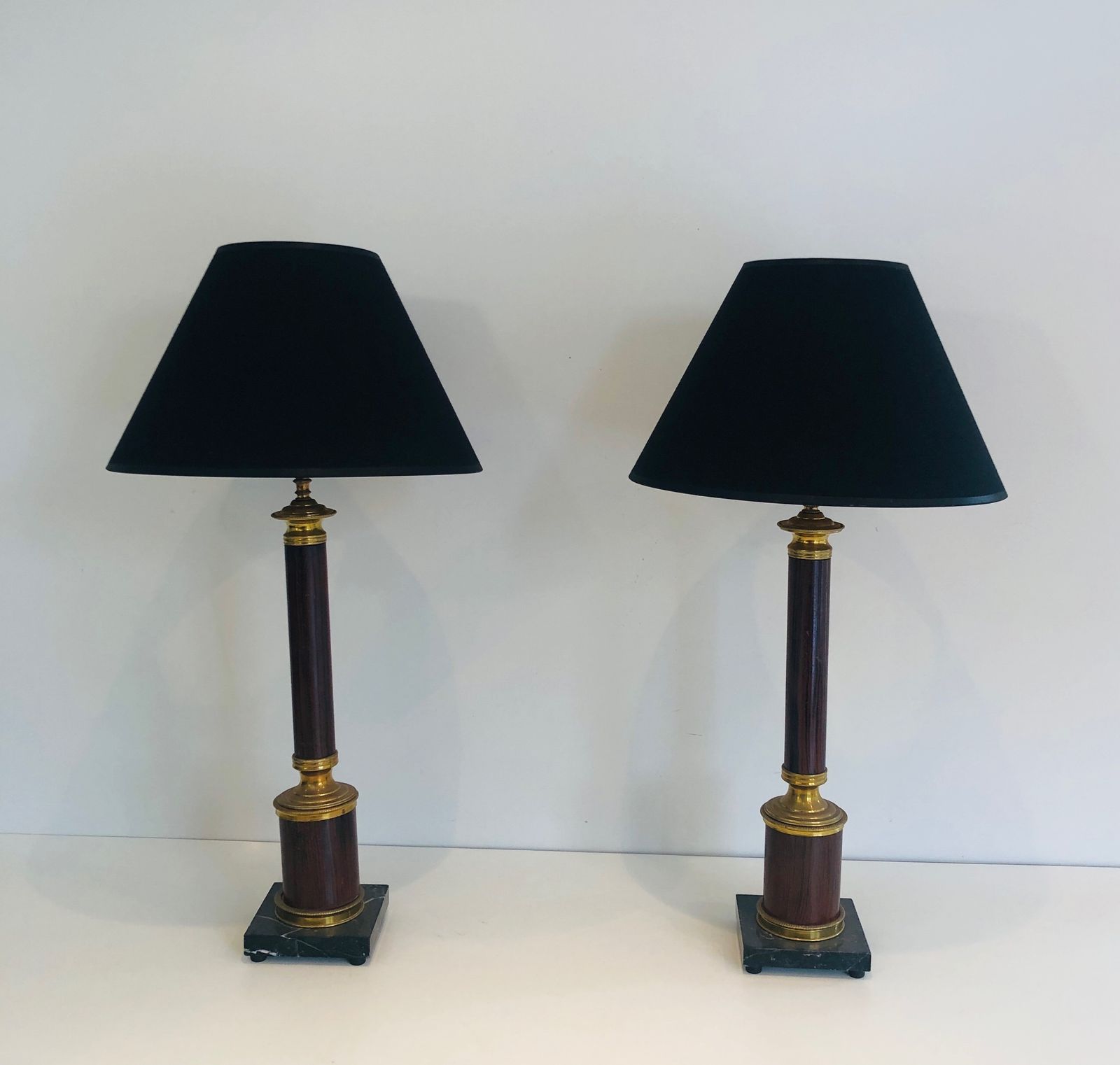 Pair Of Neoclassical Style Faux Wood Lamps In Metal And Brass photo furniture