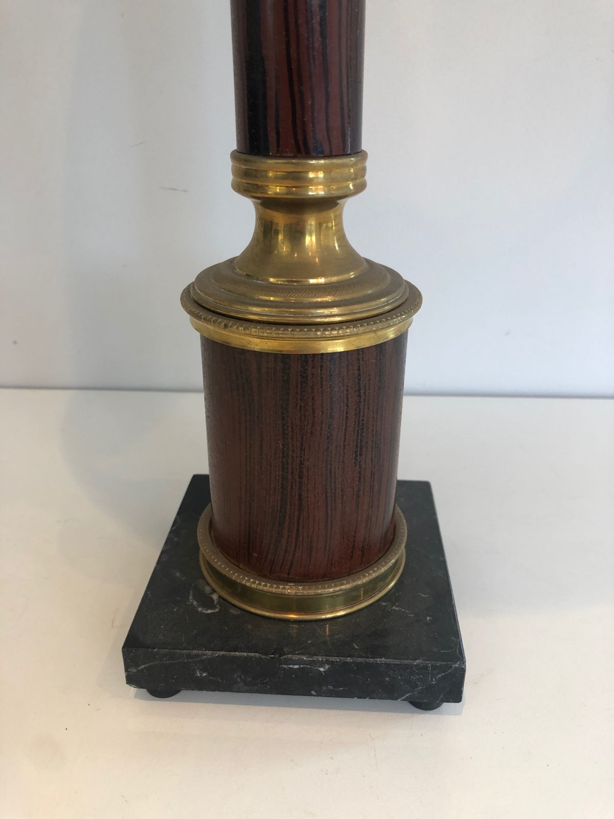 photo for sale Pair Of Neoclassical Style Faux Wood Lamps In Metal And Brass