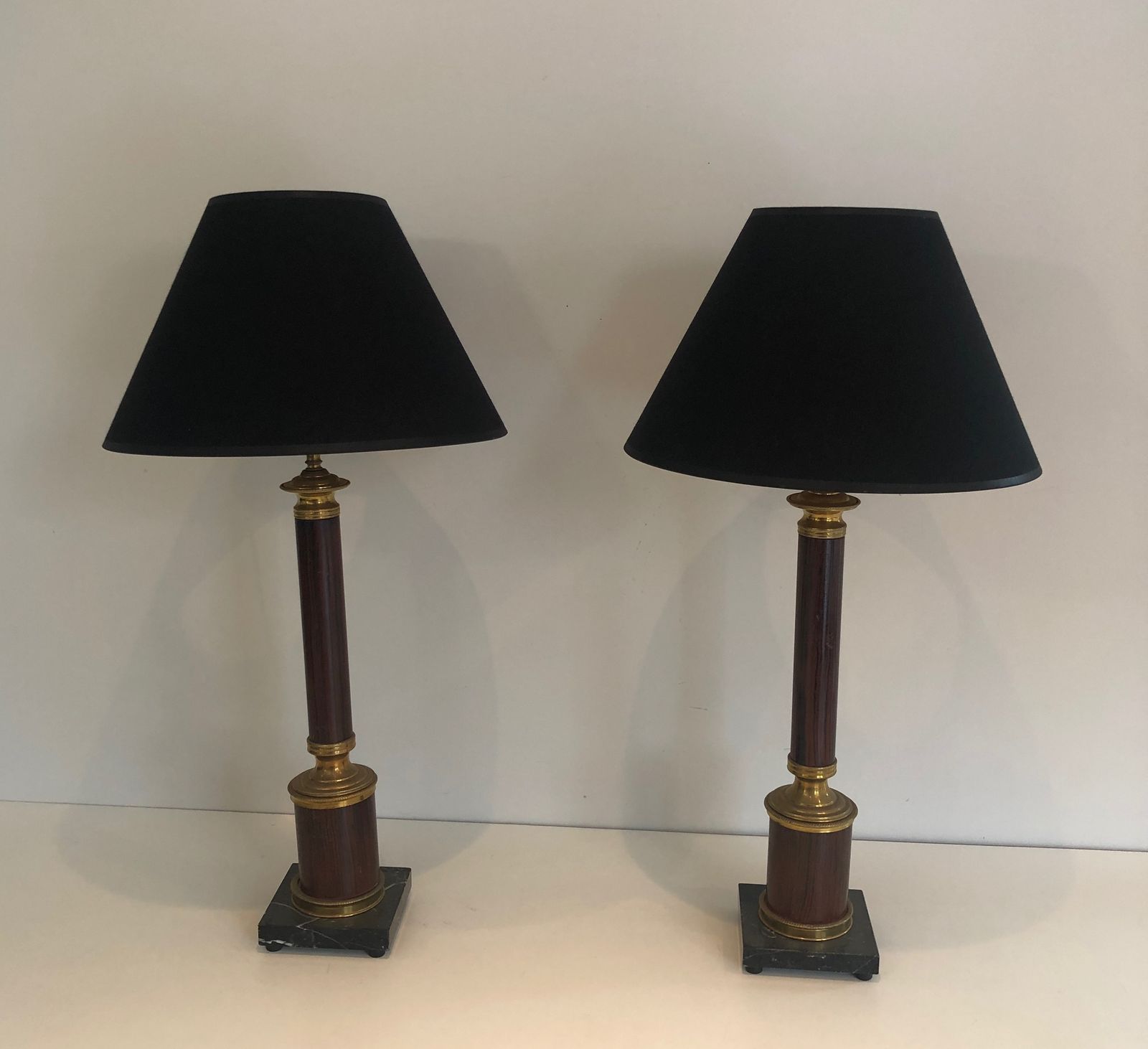 Lighting Pair Of Neoclassical Style Faux Wood Lamps In Metal And Brass photo