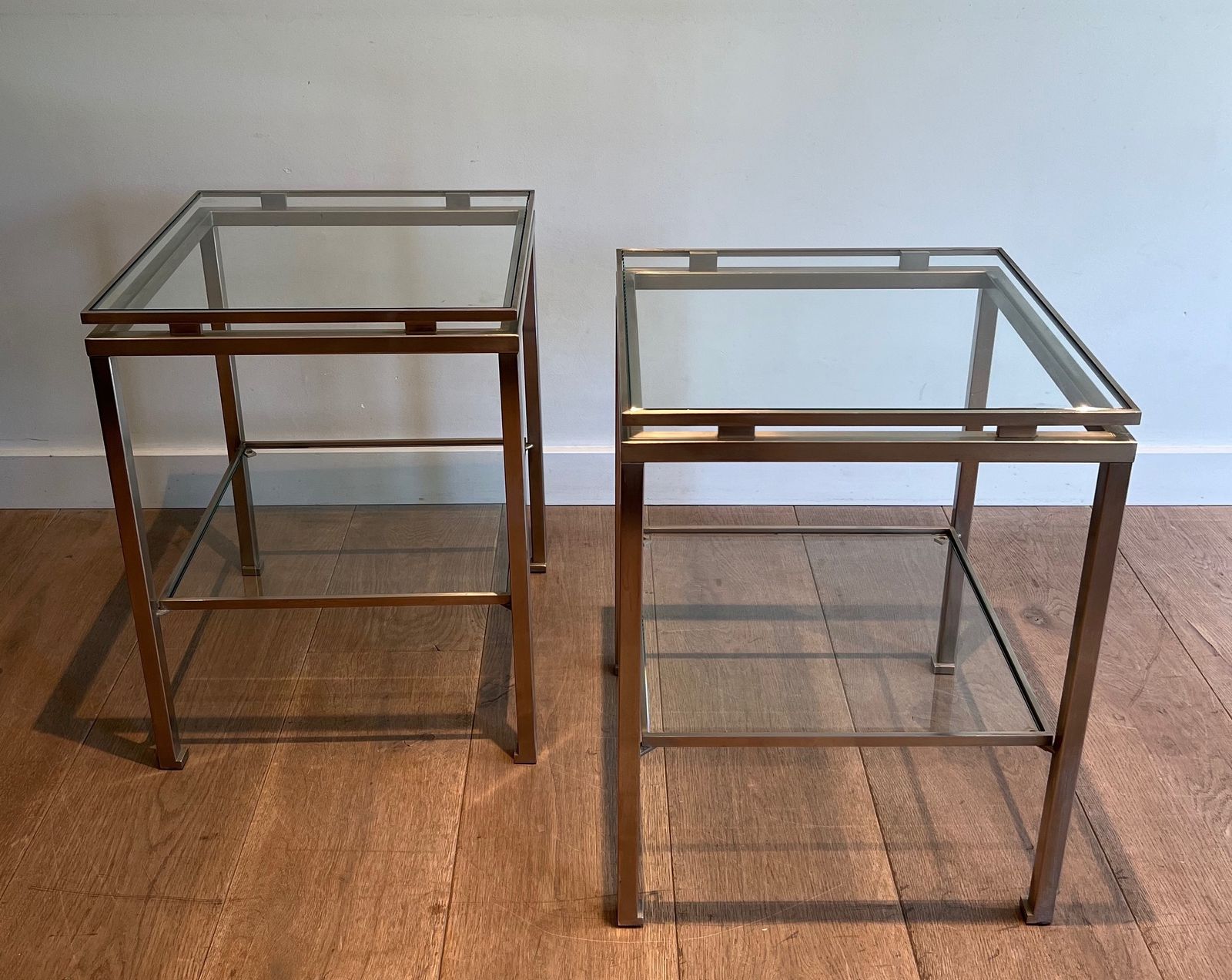 photo vintage Pair Of Brushed Steel Sofa Ends By Guy Lefèvre For Maison Jansen
