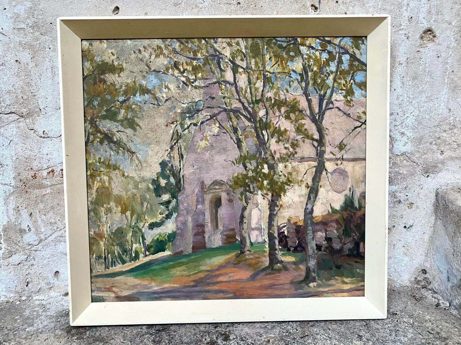 Vintage Original Church Landscape Painting photo vinterior