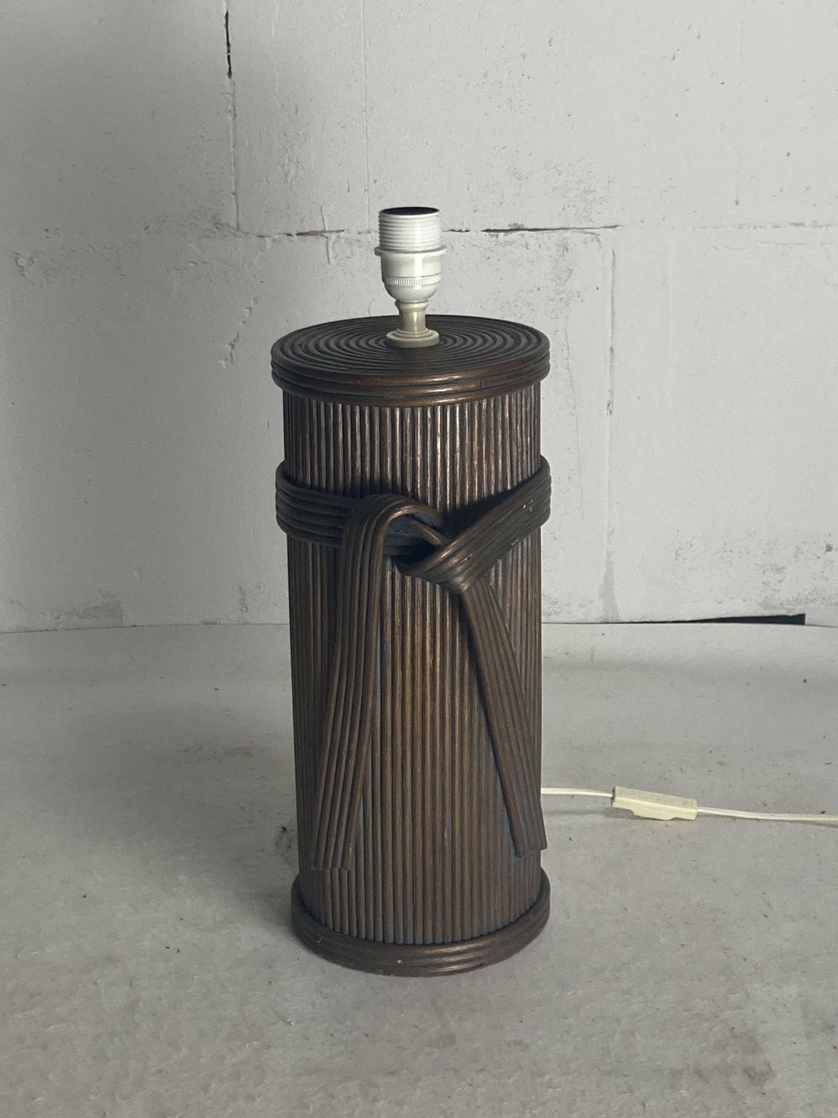 Large Pencil Reed Rattan Bamboo Pillar Table Lamp, Bouclé Shade, Italy 1970s photo furniture