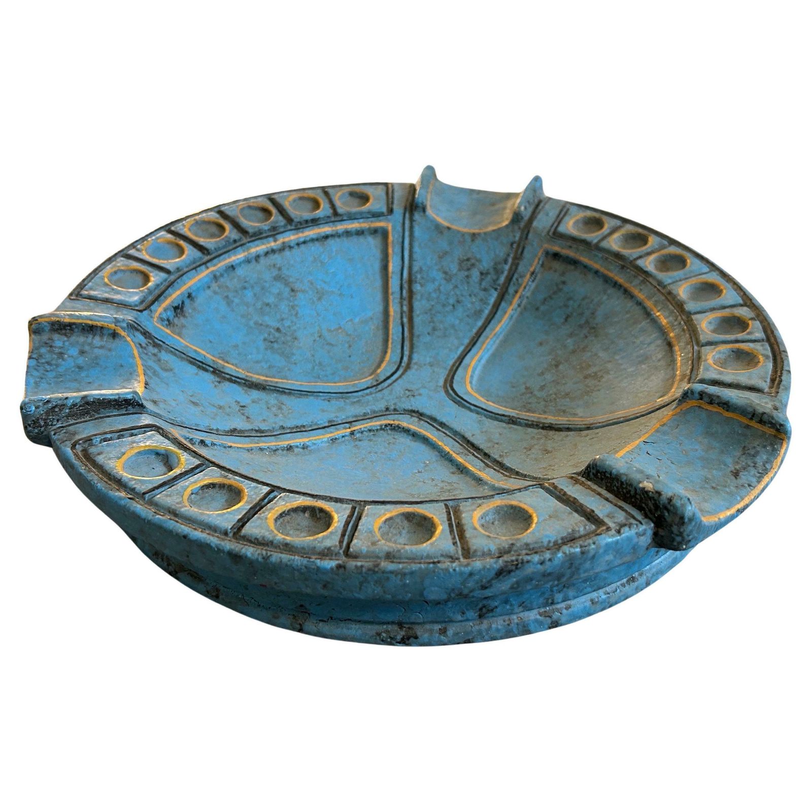 1969 Etruscan Inspired Blue And Yellow Ceramic Italian Ashtray By Casucci