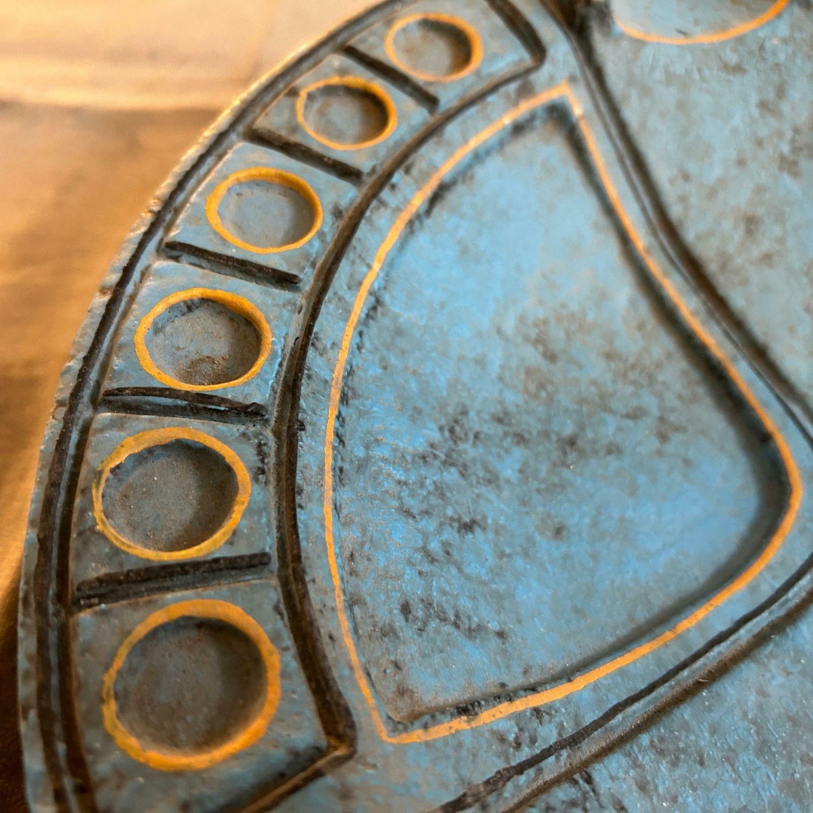 1969 Etruscan Inspired Blue And Yellow Ceramic Italian Ashtray By Casucci photo vinterior