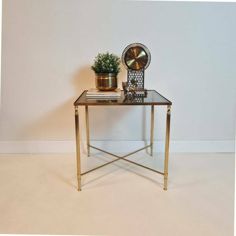 Vintage Hollywood Regency Table Gold Brass And Gray Glass Mcm photo furniture